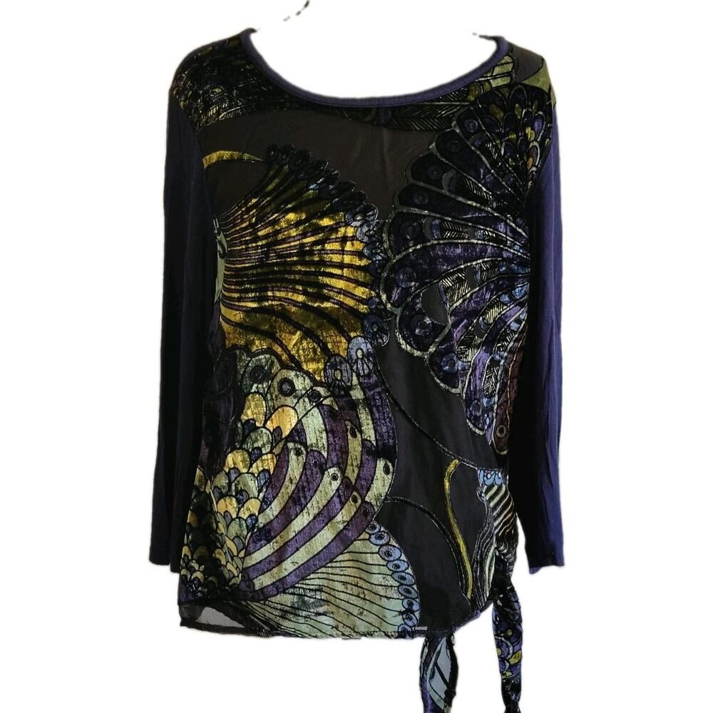 Chico's Burnished Velvet & Mesh Overlay Tie-hem Blouse Size 1 Luxurious burnout